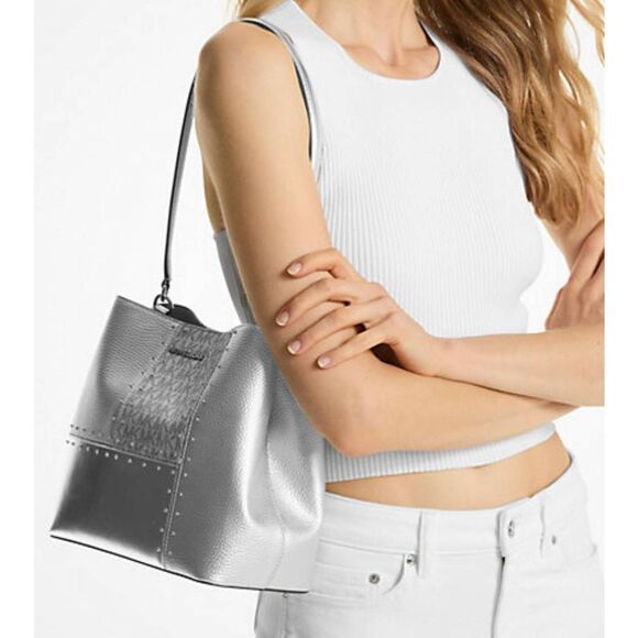 NWT~MICHAEL KORS Pratt Medium Studded Metallic Patchwork Sig Logo Shoulder Bag - Picture 7 of 7